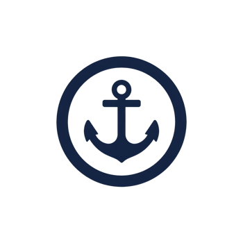 Navy blue anchor symbol is centered within circular border, representing maritime themes and nautical design. simple and bold design conveys stability and strength png