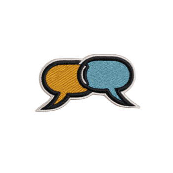 Two overlapping speech bubbles, one orange and one blue, are depicted in patch style on transparency background, symbolizing communication and dialogue png