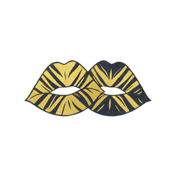 Pair of stylized lips with bold, graphic design featuring gold and black stripes, creating striking and modern pop art effect png