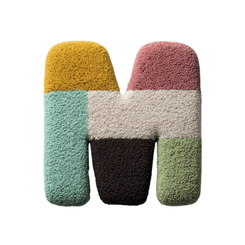 Colorful, textured letter M made of soft, plush material with patchwork design in yellow, pink, green, and blue hues. playful and cozy appearance makes it ideal for creative decor png