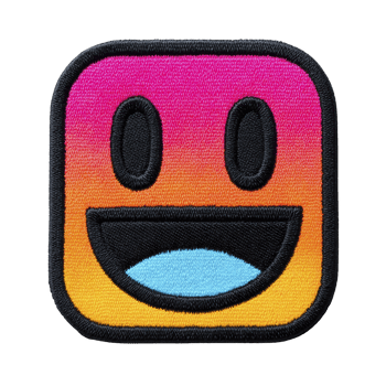 Colorful embroidered patch features smiling face with gradient background, blending pink, orange, and yellow hues. design is playful and vibrant, perfect for adding cheerful touch to clothing png