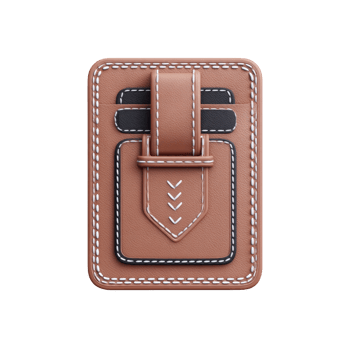 Brown leather card holder with white stitching features multiple slots and secure strap, offering stylish and practical solution for organizing cards png