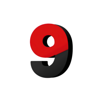Bold red and black number nine stands out against plain background, showcasing modern and striking design. number vibrant color and shadow create three dimensional effect png