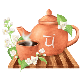 Terracotta clay teapot and a teacup with hot tea on a wooden tray. Heart chakra symbol on Sanskrit. Elegant jasmine with white flowers and green leaves. Hand-drawn watercolor illustration png