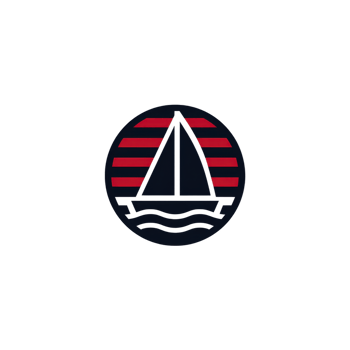 Minimalist logo features sailboat silhouette against backdrop of red horizontal stripes, evoking sense of adventure and tranquility. design is enclosed in circular frame png
