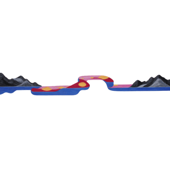 Vibrant abstract landscape features colorful mountains and winding river under dynamic sky, creating sense of movement and energy png