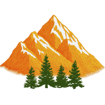 Embroidered design of orange mountains with white snow caps and green pine trees creates vibrant and textured landscape. intricate stitching adds depth and warmth png