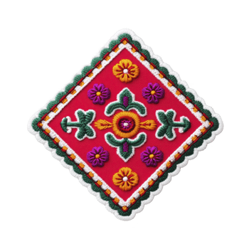 Vibrant embroidered patch with colorful floral patterns and geometric shapes on red background, featuring intricate stitching and scalloped edge png