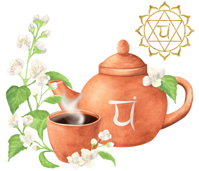 Terracotta clay teapot and a teacup with hot tea and heart chakra symbol. Jasmine branchlets with white flowers and leaves. Golden heart chakra Anahata symbol. Hand-drawn watercolor illustration png