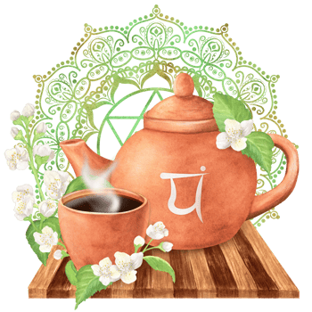 Terracotta clay teapot and a teacup with hot tea on a wooden tray and jasmine twigs with white flowers and leaves. Golden green heart chakra anahata with mandala. Hand-drawn watercolor illustration png