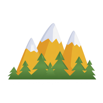 Stylized illustration of snow capped mountains with green pine trees in foreground, creating serene and natural landscape png