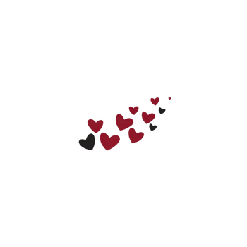 Series of red and black hearts are scattered diagonally across transparency background, creating playful and romantic pattern. hearts vary in size, adding dynamic and whimsical feel to design png