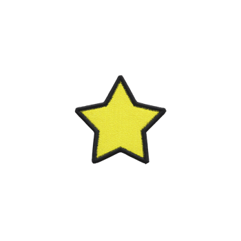 Bright yellow star patch with black outline is displayed on plain background, symbolizing achievement or decoration. simple design is eye catching and versatile png