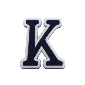 Bold, black letter K with white outline, resembling varsity or letterman jacket patch, is displayed against transparent background. design is simple and classic png