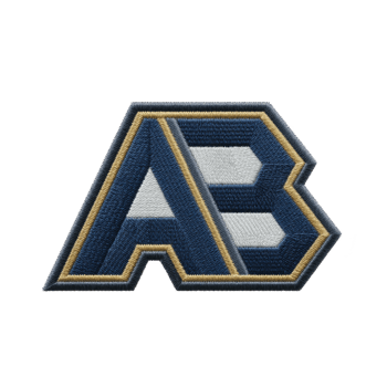 Blue and gold embroidered patch features letters AB in bold, geometric design. patch has textured appearance, showcasing intricate stitching and modern style png