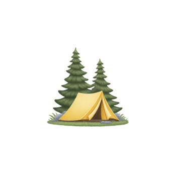 Yellow tent is set up in serene forest scene with two tall evergreen trees, surrounded by grass and small rocks, evoking sense of adventure and tranquility png