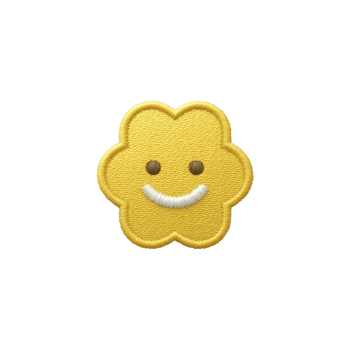 Cute, embroidered yellow flower with smiling face, featuring simple and cheerful design on transparent background. Perfect for adding touch of happiness to any project png