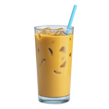 Refreshing glass of iced Thai tea with blue straw, filled with ice cubes, showcasing vibrant orange color. Perfect for cool, sweet treat on hot day png