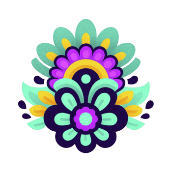 Vibrant, symmetrical floral design features bold colors like purple, teal, and yellow, creating striking and decorative pattern. intricate arrangement evokes sense of joy and creativity png