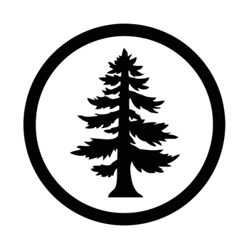 Silhouette of pine tree is centered within circular border, creating simple and bold design. black and white contrast emphasizes tree shape, evoking sense of nature and tranquility png