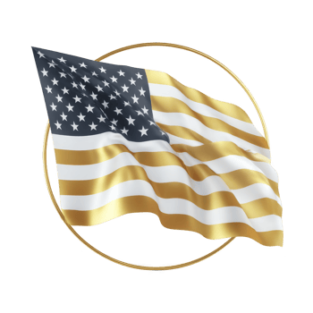 Stylized American flag with gold and white stripes and blue field of stars is elegantly displayed within circular gold frame, symbolizing patriotism and luxury png