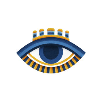 This features stylized eye design with blue and yellow colors, resembling ancient Egyptian art. eye is detailed with geometric patterns and bold lines, creating striking visual effect png