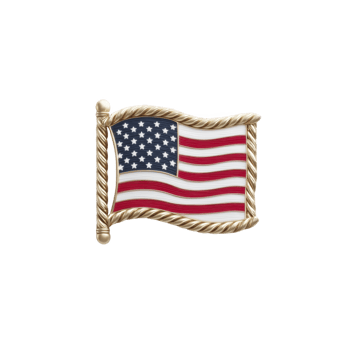 Gold framed pin features American flag with red, white, and blue colors, symbolizing patriotism and national pride. flag is depicted waving, adding dynamic touch to design png