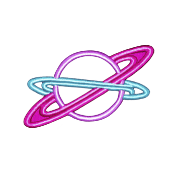 Vibrant, embroidered patch design features stylized planet with intersecting rings in neon pink, purple, and blue hues, set against transparency background png