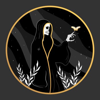 Death skeleton in a cassock emblem. Mystery, astrology, esoteric vector
