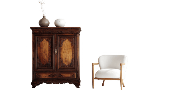 Vintage wooden cabinet contrasting with contemporary white armchair on transparent background png