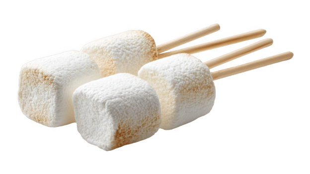 Marshmallows on wooden sticks ready for roasting on transparent background png