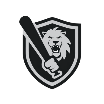 Fierce lion emblem with baseball bat is set against shield, symbolizing strength and sportsmanship. monochrome design adds classic and bold touch png