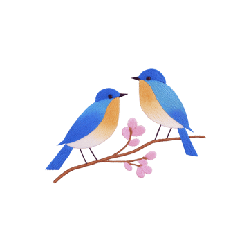 Two colorful birds perched on branch with pink flowers, showcasing vibrant blue and orange feathers. scene is delicate and artistic, resembling embroidery png