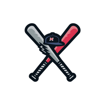 Two crossed baseball bats with cap in center create dynamic sports emblem. bats are silver and red, adding contrast and energy to design png