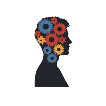 Silhouette of human head filled with colorful gears symbolizes concept of thinking, creativity, and problem solving. gears in red, blue, and yellow represent mind complex processes png
