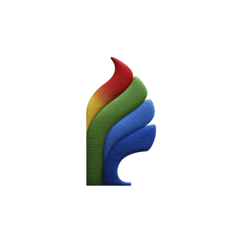 Colorful abstract sculpture with layered, curved shapes in red, yellow, green, and blue, resembling stylized flame or wing. texture appears soft and tactile png
