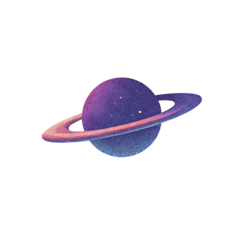Vibrant illustration of planet with rings, resembling Saturn, set against transparency background. planet is depicted shades of purple and blue, with pink and orange ring, creating cosmic png