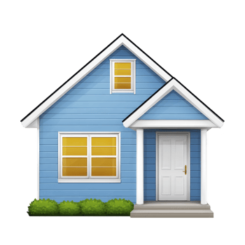 Charming blue house with white trim, featuring front porch and single window, evokes cozy and welcoming atmosphere. house is surrounded by small green bushes png