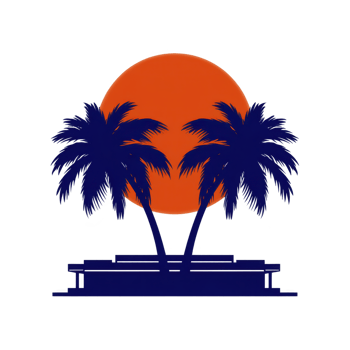 Vibrant illustration features two silhouetted palm trees against large, vivid orange sun, evoking tropical sunset. scene is serene and inviting, capturing essence of peaceful beach setting png