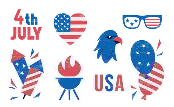 4th July festive big set isolated on white. USA Independence Day elements in white, red, blue colors with bald eagle, fireworks, rockets, barbecue, grill, heart, balloons, sunglasses vector