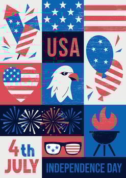 4th of July vertical geometric poster in retro style with symbols of USA Independence day. illustration in white, red, blue colors with fireworks, balloons, and United States flag vector