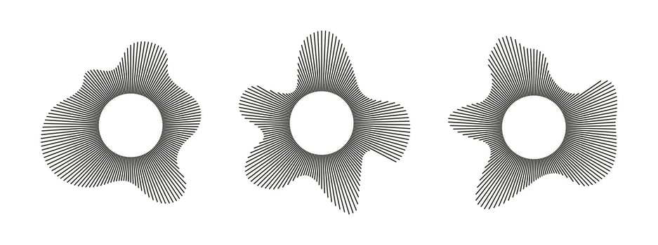 Set of circular wave. Sound circle lines. Radial frame. Sound ring. Wavy patterns. Radial rays templates. Wavy design. Equalizer logo, radial spectrum. Voice flat symbols. Depicting audio music icons. vector