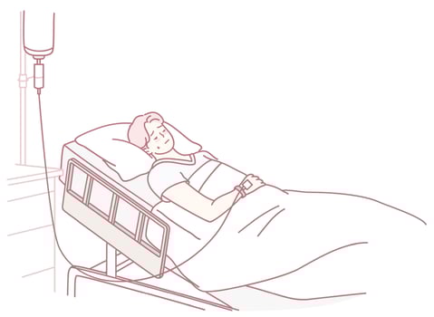 The patient is resting comfortably in bed while receiving IV hydration and medication vector