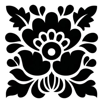 Black floral pattern featuring symmetrical, stylized flowers and leaves, creating bold and decorative design. central flower is prominent, surrounded by smaller floral elements and leaves png