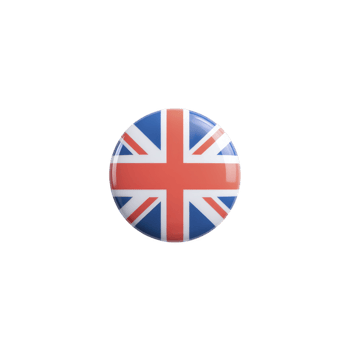 Round badge featuring Union Jack flag of United Kingdom, symbolizing British identity and patriotism. badge has glossy finish and is centered on plain background png