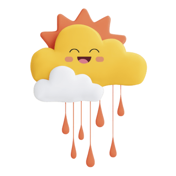 Cute, smiling sun peeks over fluffy cloud with colorful raindrops dripping below, creating cheerful and whimsical weather illustration png