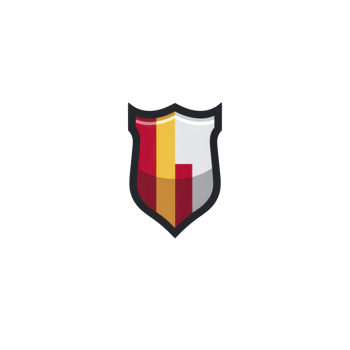 Shield logo design featuring modern, abstract style with red, yellow, and gray colors. geometric shapes create sense of protection and strength png