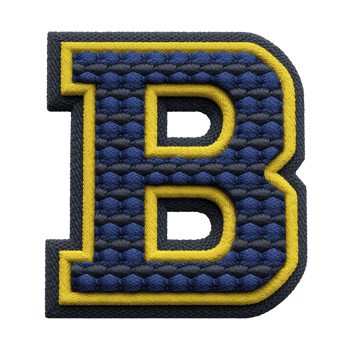 Blue and yellow embroidered letter B patch with textured design, featuring bold outline. patch has sporty and vibrant appearance, suitable for clothing or accessories png