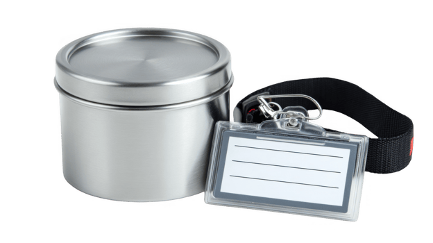 Stainless steel container next to staff identification badge on transparent background png