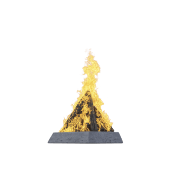 Blazing campfire with bright yellow flames burns on stone platform, creating warm and inviting atmosphere. firewood is arranged in pyramid shape, enhancing fire intensity png